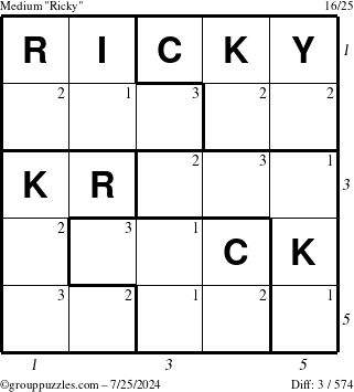 The grouppuzzles.com Medium Ricky puzzle for Thursday July 25, 2024 with all 3 steps marked