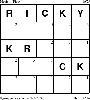 The grouppuzzles.com Medium Ricky puzzle for Thursday July 25, 2024 with the first 3 steps marked