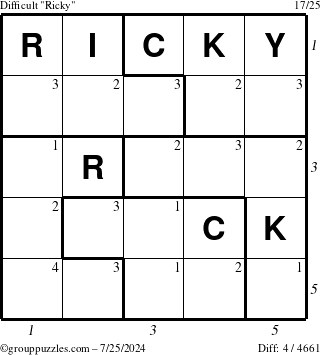 The grouppuzzles.com Difficult Ricky puzzle for Thursday July 25, 2024 with all 4 steps marked