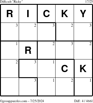 The grouppuzzles.com Difficult Ricky puzzle for Thursday July 25, 2024 with the first 3 steps marked