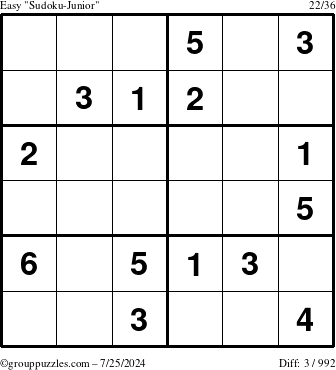 The grouppuzzles.com Easy Sudoku-Junior puzzle for Thursday July 25, 2024