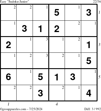 The grouppuzzles.com Easy Sudoku-Junior puzzle for Thursday July 25, 2024 with all 3 steps marked