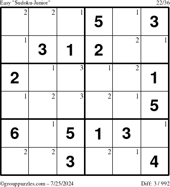 The grouppuzzles.com Easy Sudoku-Junior puzzle for Thursday July 25, 2024 with the first 3 steps marked