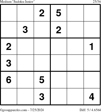 The grouppuzzles.com Medium Sudoku-Junior puzzle for Thursday July 25, 2024