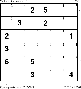 The grouppuzzles.com Medium Sudoku-Junior puzzle for Thursday July 25, 2024 with all 5 steps marked