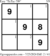 The grouppuzzles.com Easy TicTac-789 puzzle for Thursday July 25, 2024 with the first 2 steps marked