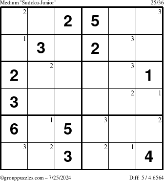 The grouppuzzles.com Medium Sudoku-Junior puzzle for Thursday July 25, 2024 with the first 3 steps marked