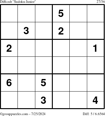 The grouppuzzles.com Difficult Sudoku-Junior puzzle for Thursday July 25, 2024