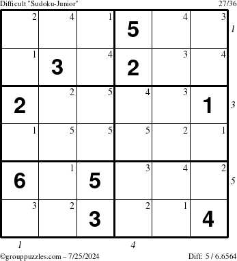 The grouppuzzles.com Difficult Sudoku-Junior puzzle for Thursday July 25, 2024 with all 5 steps marked