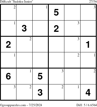 The grouppuzzles.com Difficult Sudoku-Junior puzzle for Thursday July 25, 2024 with the first 3 steps marked