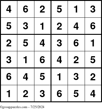 The grouppuzzles.com Answer grid for the Sudoku-Junior puzzle for Thursday July 25, 2024