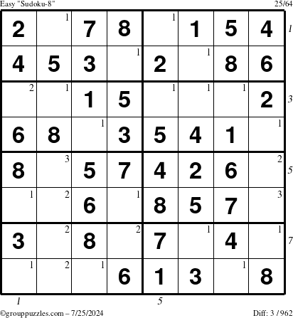 The grouppuzzles.com Easy Sudoku-8 puzzle for Thursday July 25, 2024 with all 3 steps marked