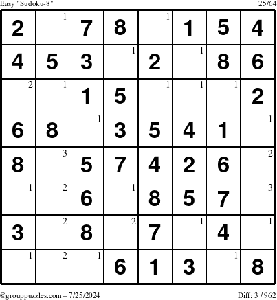 The grouppuzzles.com Easy Sudoku-8 puzzle for Thursday July 25, 2024 with the first 3 steps marked