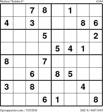 The grouppuzzles.com Medium Sudoku-8 puzzle for Thursday July 25, 2024