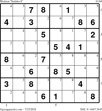 The grouppuzzles.com Medium Sudoku-8 puzzle for Thursday July 25, 2024 with all 8 steps marked