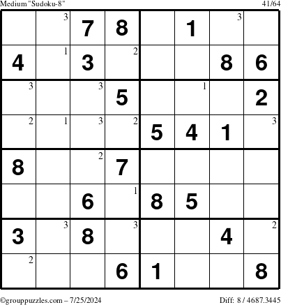 The grouppuzzles.com Medium Sudoku-8 puzzle for Thursday July 25, 2024 with the first 3 steps marked