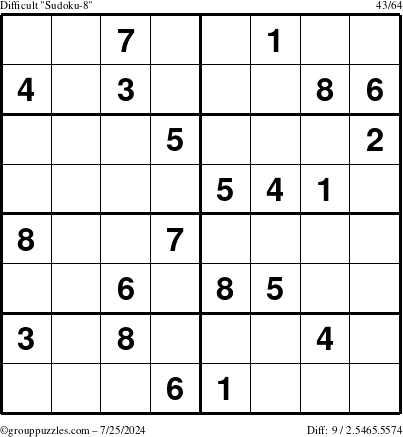 The grouppuzzles.com Difficult Sudoku-8 puzzle for Thursday July 25, 2024