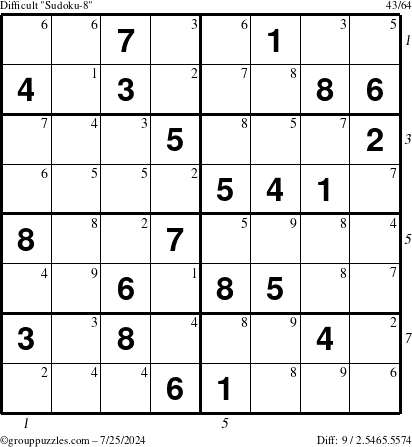 The grouppuzzles.com Difficult Sudoku-8 puzzle for Thursday July 25, 2024 with all 9 steps marked