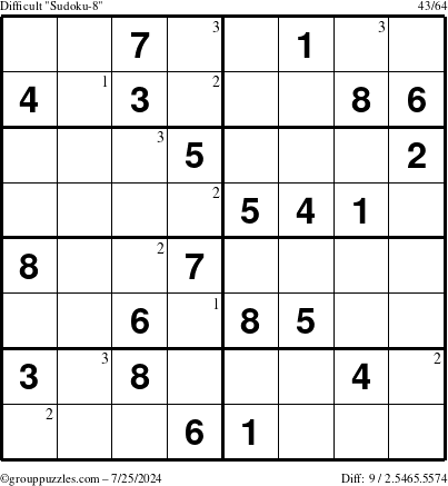 The grouppuzzles.com Difficult Sudoku-8 puzzle for Thursday July 25, 2024 with the first 3 steps marked