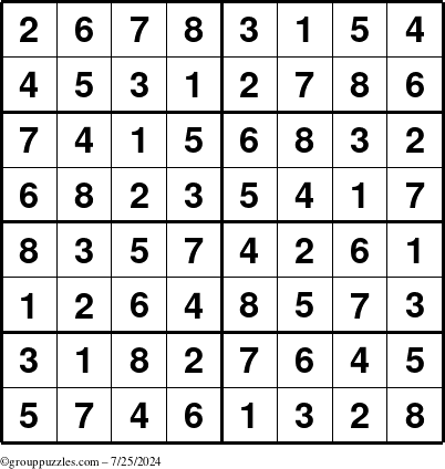 The grouppuzzles.com Answer grid for the Sudoku-8 puzzle for Thursday July 25, 2024