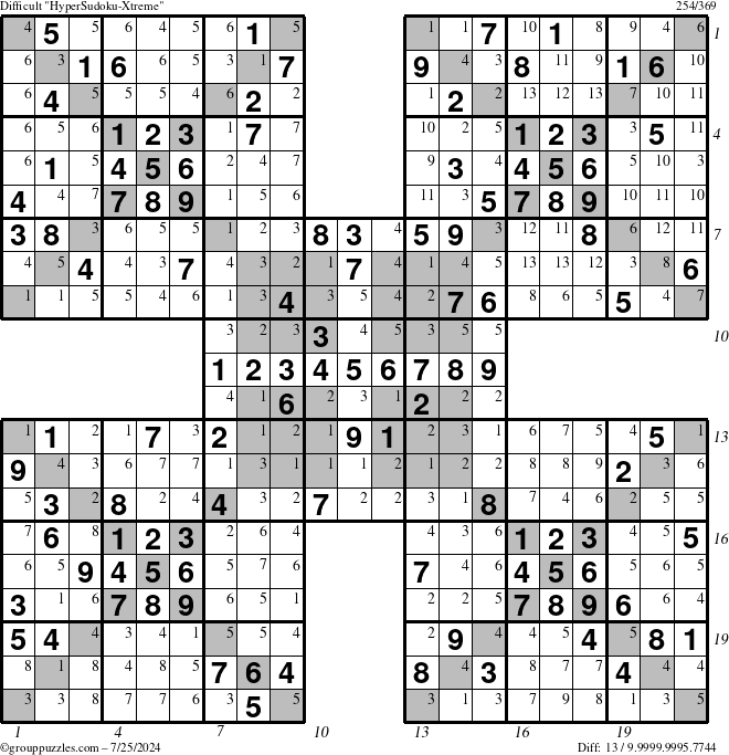 The grouppuzzles.com Difficult cover-HyperXtreme puzzle for Thursday July 25, 2024 with all 13 steps marked