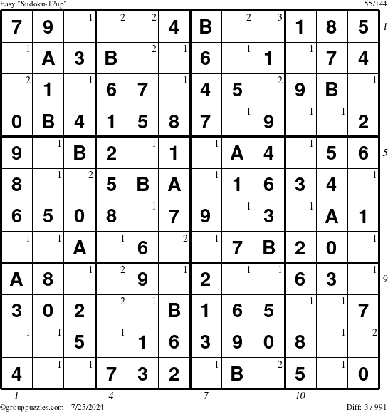 The grouppuzzles.com Easy Sudoku-12up puzzle for Thursday July 25, 2024 with all 3 steps marked