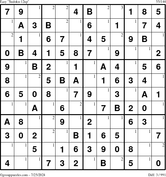 The grouppuzzles.com Easy Sudoku-12up puzzle for Thursday July 25, 2024 with the first 3 steps marked