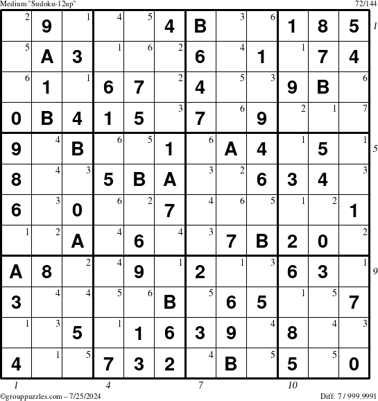 The grouppuzzles.com Medium Sudoku-12up puzzle for Thursday July 25, 2024 with all 7 steps marked