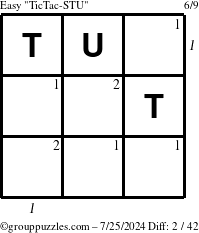 The grouppuzzles.com Easy TicTac-STU puzzle for Thursday July 25, 2024, suitable for printing, with all 2 steps marked