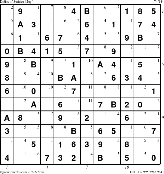 The grouppuzzles.com Difficult Sudoku-12up puzzle for Thursday July 25, 2024 with all 11 steps marked