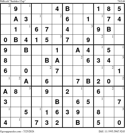 The grouppuzzles.com Difficult Sudoku-12up puzzle for Thursday July 25, 2024 with the first 3 steps marked