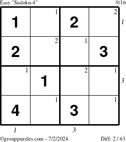 The grouppuzzles.com Easy Sudoku-4 puzzle for Tuesday July 2, 2024 with all 2 steps marked