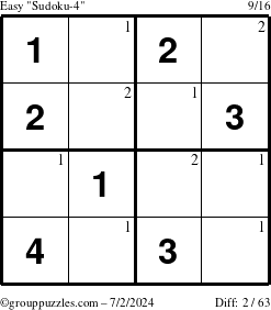 The grouppuzzles.com Easy Sudoku-4 puzzle for Tuesday July 2, 2024 with the first 2 steps marked