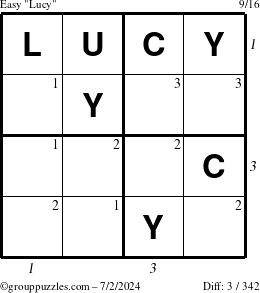 The grouppuzzles.com Easy Lucy puzzle for Tuesday July 2, 2024 with all 3 steps marked