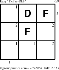 The grouppuzzles.com Easy TicTac-DEF puzzle for Tuesday July 2, 2024 with all 2 steps marked