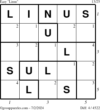 The grouppuzzles.com Easy Linus puzzle for Tuesday July 2, 2024 with all 4 steps marked