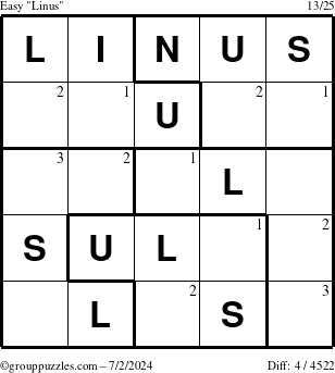 The grouppuzzles.com Easy Linus puzzle for Tuesday July 2, 2024 with the first 3 steps marked