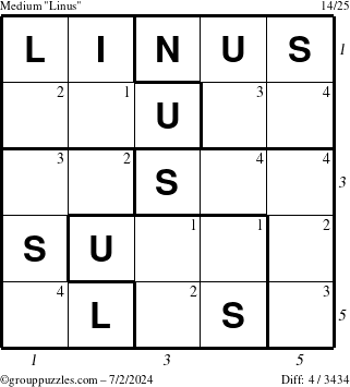 The grouppuzzles.com Medium Linus puzzle for Tuesday July 2, 2024 with all 4 steps marked