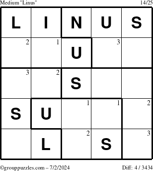 The grouppuzzles.com Medium Linus puzzle for Tuesday July 2, 2024 with the first 3 steps marked