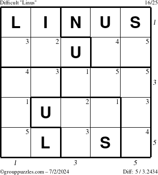 The grouppuzzles.com Difficult Linus puzzle for Tuesday July 2, 2024 with all 5 steps marked