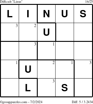 The grouppuzzles.com Difficult Linus puzzle for Tuesday July 2, 2024 with the first 3 steps marked