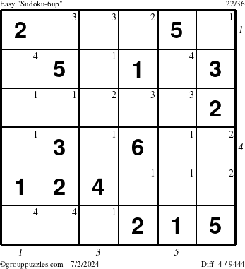 The grouppuzzles.com Easy Sudoku-6up puzzle for Tuesday July 2, 2024 with all 4 steps marked