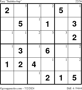 The grouppuzzles.com Easy Sudoku-6up puzzle for Tuesday July 2, 2024 with the first 3 steps marked