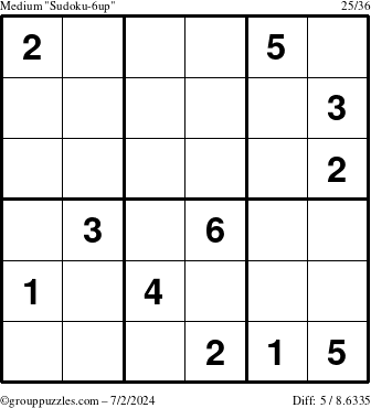 The grouppuzzles.com Medium Sudoku-6up puzzle for Tuesday July 2, 2024