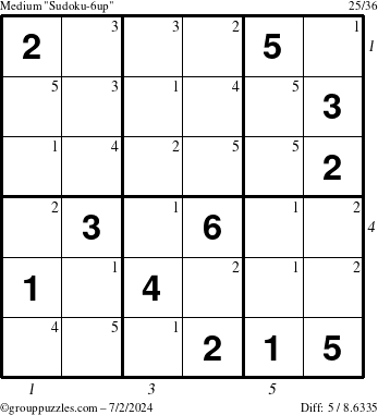 The grouppuzzles.com Medium Sudoku-6up puzzle for Tuesday July 2, 2024 with all 5 steps marked