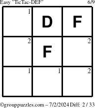 The grouppuzzles.com Easy TicTac-DEF puzzle for Tuesday July 2, 2024 with the first 2 steps marked