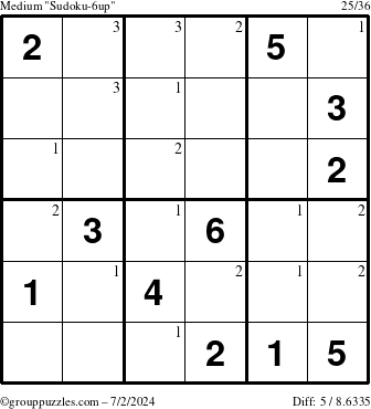 The grouppuzzles.com Medium Sudoku-6up puzzle for Tuesday July 2, 2024 with the first 3 steps marked