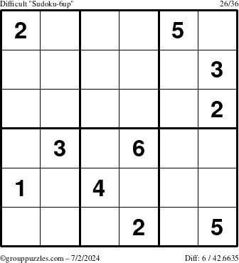 The grouppuzzles.com Difficult Sudoku-6up puzzle for Tuesday July 2, 2024