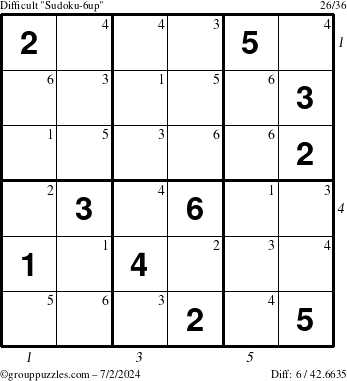 The grouppuzzles.com Difficult Sudoku-6up puzzle for Tuesday July 2, 2024 with all 6 steps marked