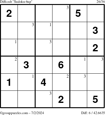 The grouppuzzles.com Difficult Sudoku-6up puzzle for Tuesday July 2, 2024 with the first 3 steps marked